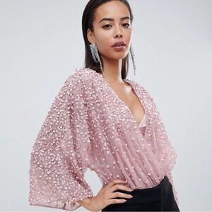 NWOT ASOS Maya Sequin Body Suit embellished Kimono sleeves Wrap V-neck Bodysuit